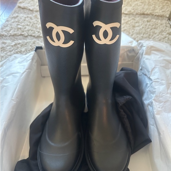 CHANEL Shoes - Authentic CHANEL Black and White Logo Rain Boots size 39 US 9